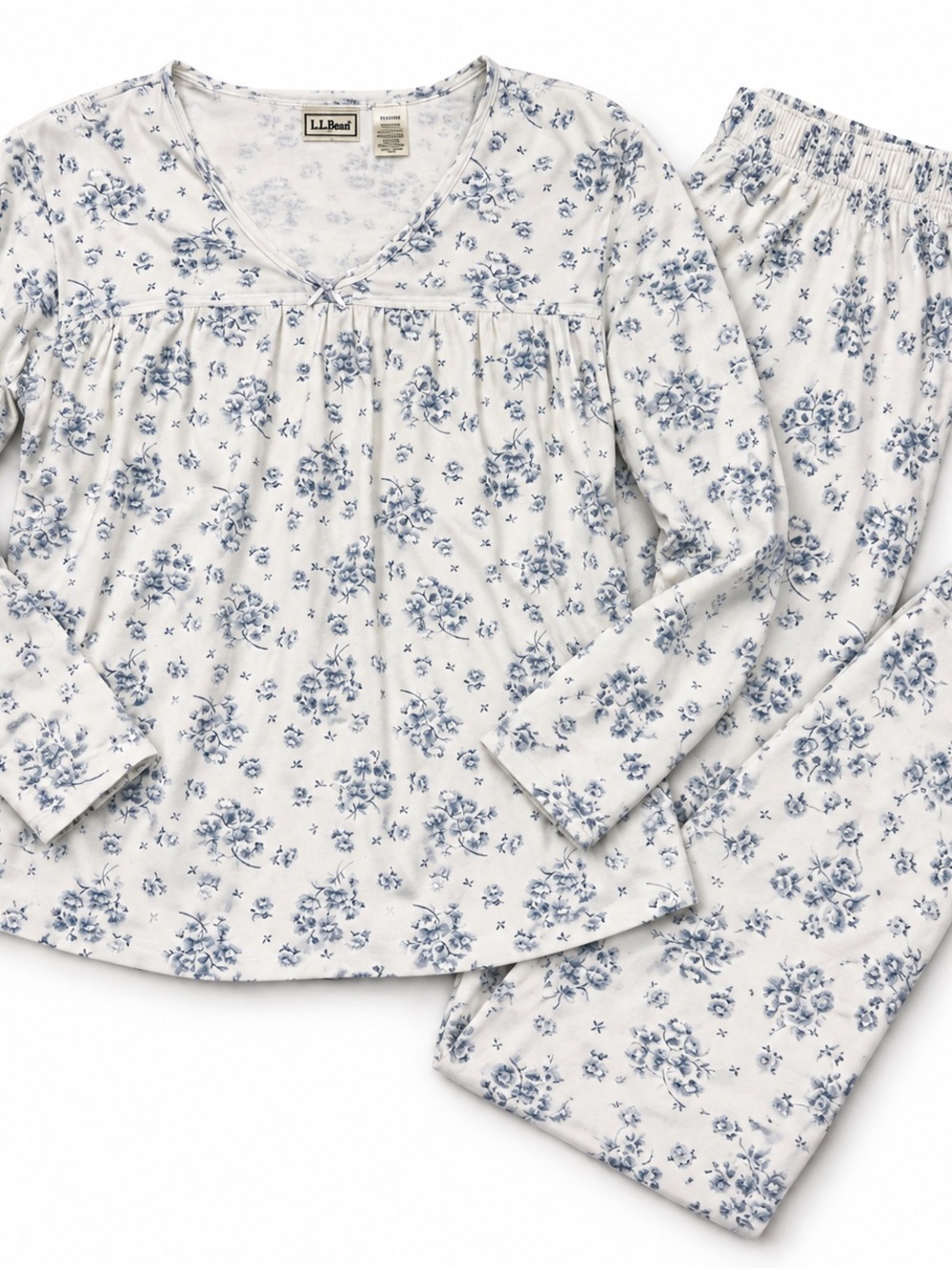L.L.Bean Women’s Medium Floral Pajama Set Blue White Long Sleeve PJs Cottagecore